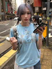 Light Blue Glitter Graphic T-Shirt