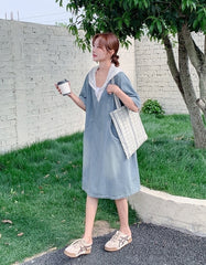 Light Blue Vintage Lace Hooded Denim Dress Summer Collection