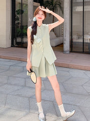 Light Green Floral Pleated Vest Skirt Set