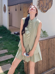 Light Green Floral Pleated Vest Skirt Set