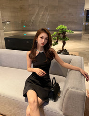 Black Halter Dress With Rhinestone