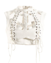 White Lace-Up Hollow Crop Top