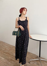 Black Sling Dress With Floral Pattern