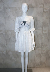 White Embroidery V-Neck Dress