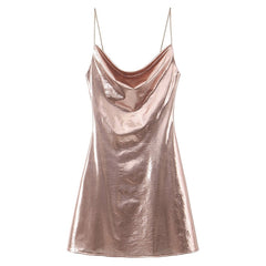 Metallic Pink Cowl-Neck Mini Dress