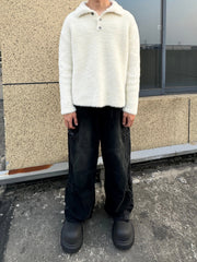 White Fluffy Collared Polo Sweater