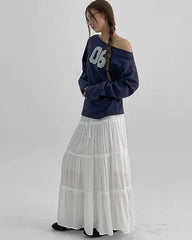 Navy Blue 06 Graphic Print Off-Shoulder Long Sleeve T-Shirt