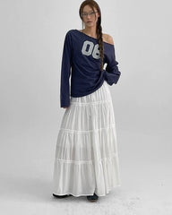 Navy Blue 06 Graphic Print Off-Shoulder Long Sleeve T-Shirt