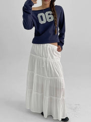Navy Blue 06 Graphic Print Off-Shoulder Long Sleeve T-Shirt