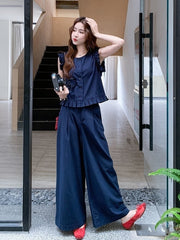 Navy Blue Chic Vest And Wide Leg Pants Set
