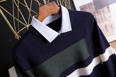 Navy Blue Collared Sweater With Geometric Details