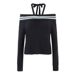 Navy Blue Halter Strap Off-Shoulder Sweater