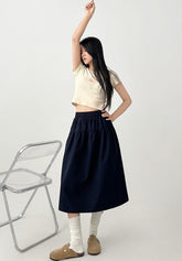 Navy Blue High Waist Flared Midi Skirt