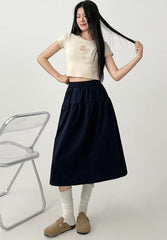 Navy Blue High Waist Flared Midi Skirt