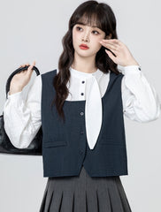Navy Blue Long Sleeve Tie Detail Shirt Top