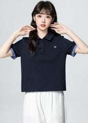 Navy Blue Polo Collar Short Sleeve Top