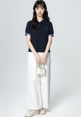 Navy Blue Polo Collar Short Sleeve Top