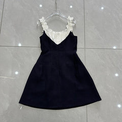 Navy Blue Ruffled Neckline Spliced Dress