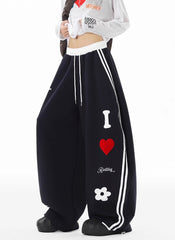 Navy Heart Patch Wide Leg Sweatpants