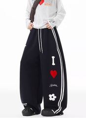 Navy Heart Patch Wide Leg Sweatpants