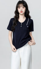 Navy Hollow Knit Short Sleeve Polo Top