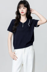 Navy Hollow Knit Short Sleeve Polo Top