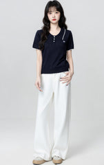 Navy Hollow Knit Short Sleeve Polo Top