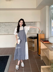 Navy Plaid Suspender Dress Two Piece Summer Set