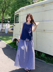 Navy Plaid Vest And Skirt Fashion Set