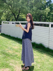 Navy Plaid Vest And Skirt Fashion Set