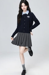 Navy Polo Collar Layered Striped Short Cardigan Top