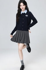 Navy Polo Collar Layered Striped Short Cardigan Top
