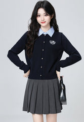Navy Polo Collar Layered Striped Short Cardigan Top