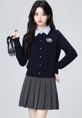 Navy Polo Collar Layered Striped Short Cardigan Top