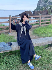 Navy Striped Hoodie Skirt Set Casual Preppy Style