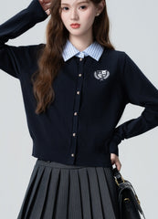 Navy Striped Knit Cardigan With Layered Design