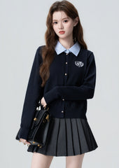 Navy Striped Knit Cardigan With Layered Design