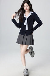 Navy V Neck Long Sleeve Contrast Tie Top