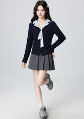 Navy V Neck Long Sleeve Contrast Tie Top
