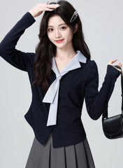 Navy V Neck Long Sleeve Contrast Tie Top