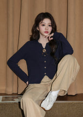 Navy V Neck Long Sleeve Knit Sweater Top