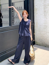 Navy Vintage Ruffle Trim Vest Wide Leg Pants Set
