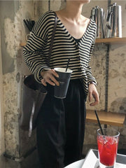 Black And White V-Neck Striped Knit Cardigan