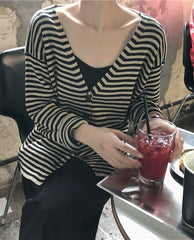 Black And White V-Neck Striped Knit Cardigan