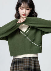New Style Knit Polo Collar Top With Frog Buttons