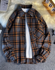 Grey And Orange Plaid Long Sleeve Shirt