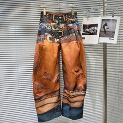 Orange Multiple-Belt Print Loose Jeans