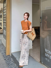 Orange Print Vest Wide Leg Pants Vacation Set