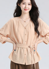 Orange V Neck Tie Waist Short Sleeve Shirt
