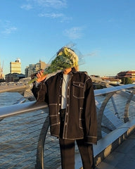 Oversized Washed Denim Jacket Black Korean Style Casual Outerwear